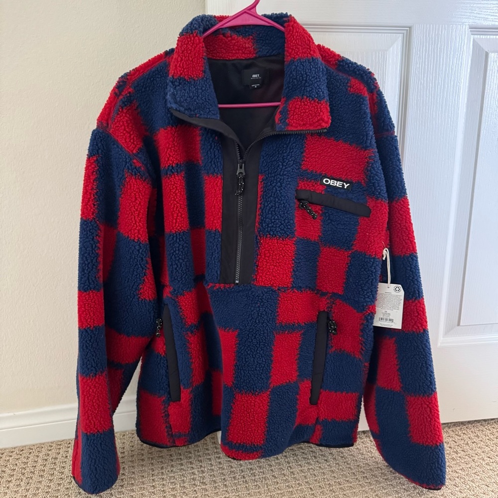 Obey Red and Navy Checkered Fleece Pullover - Picture 2 of 4